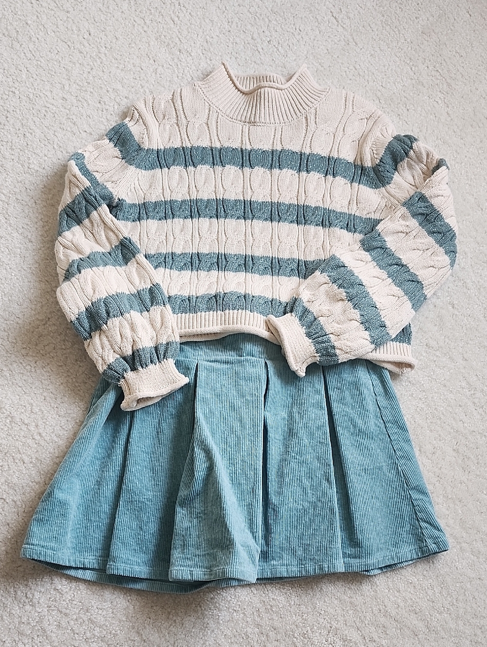 Cream & Teal Striped Cable Knit Sweater And Corduroy Skirt Set